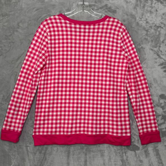 Talbots Petite Sweater Womens Petite Medium Pink Gingham Fleece Pullover Crew - Picture 2 of 8